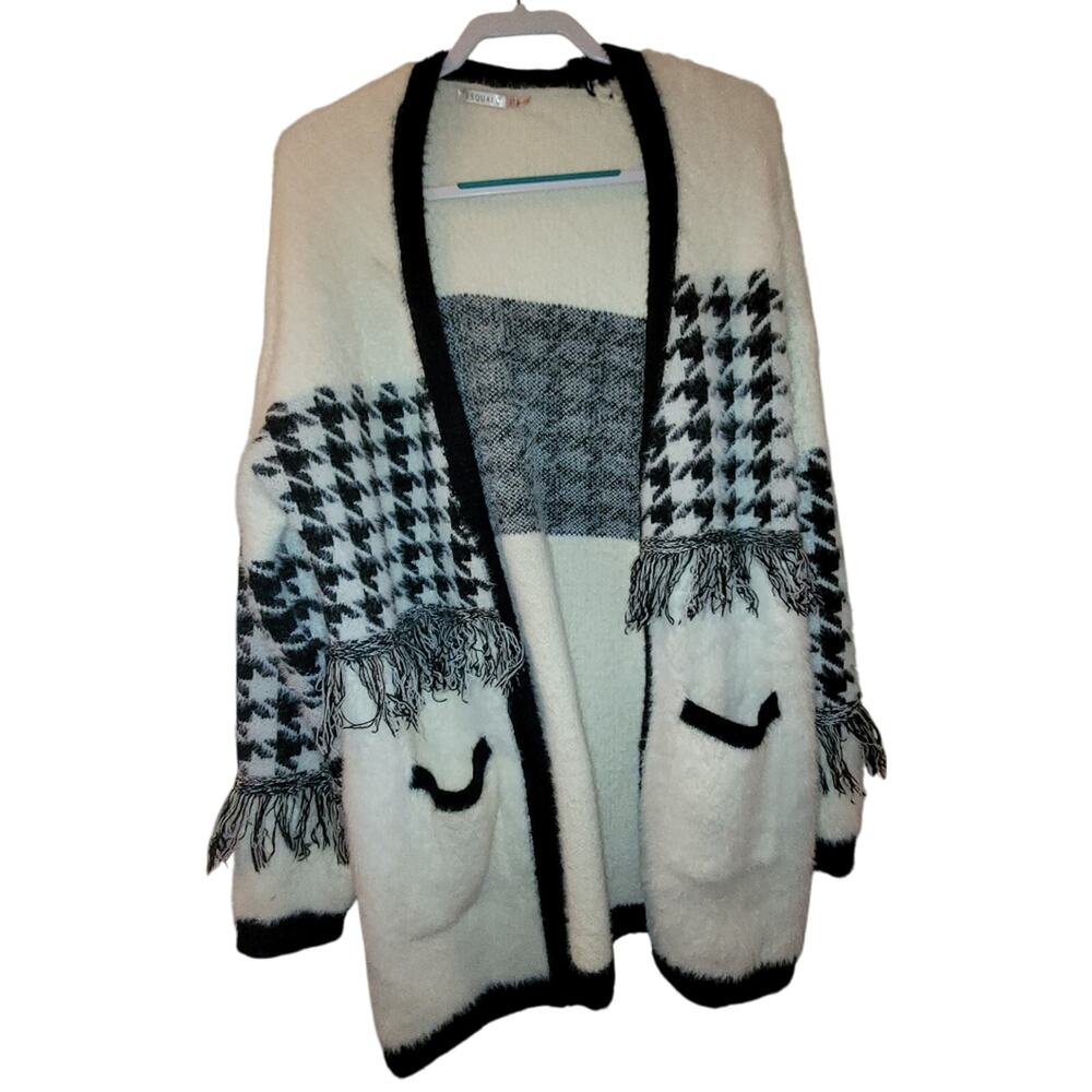 Esqualo Womens Fuzzy Knit Fringed Open Front Cardigan Sweater Black & Cream XL